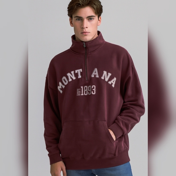 J. America Montana Men's Y2K Burgundy Mock Neck Pullover Sweatshirt szL NWT - Picture 1 of 8